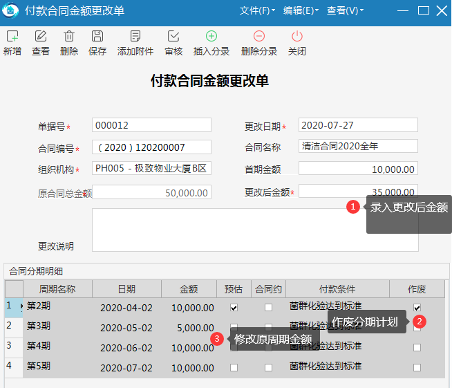 物业管理系统收付款合同金额变更