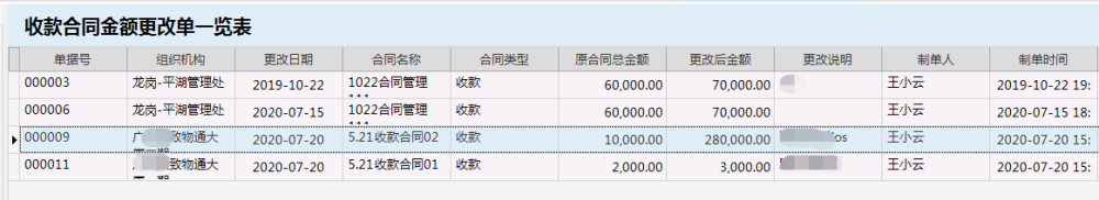 物业管理系统收款合同金额更改单一览表