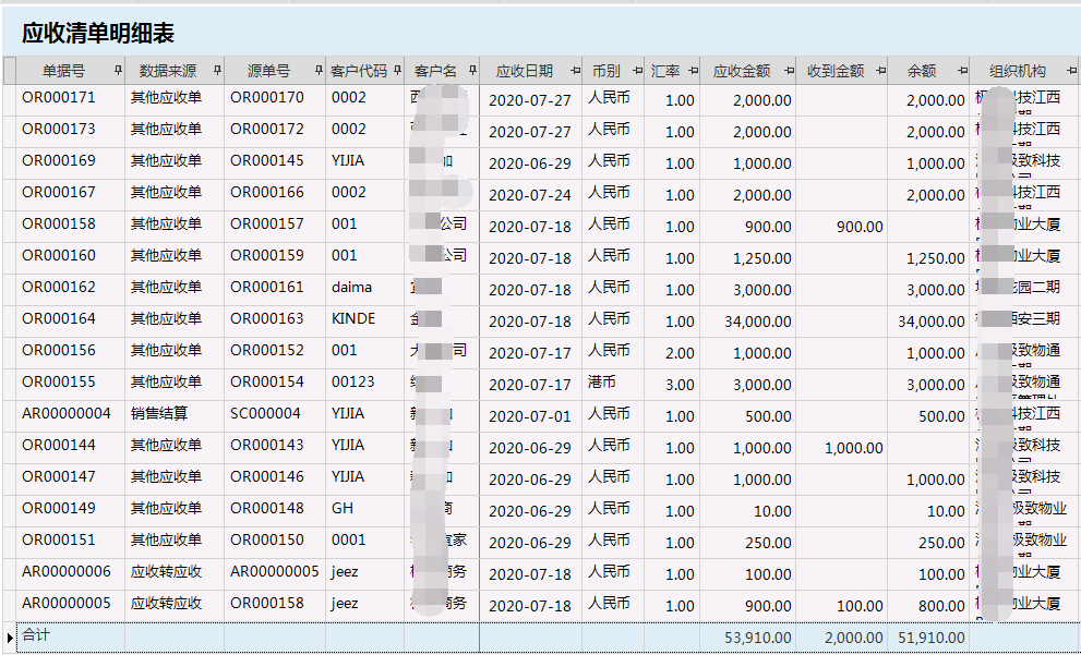 物业管理系统应收清单明细表