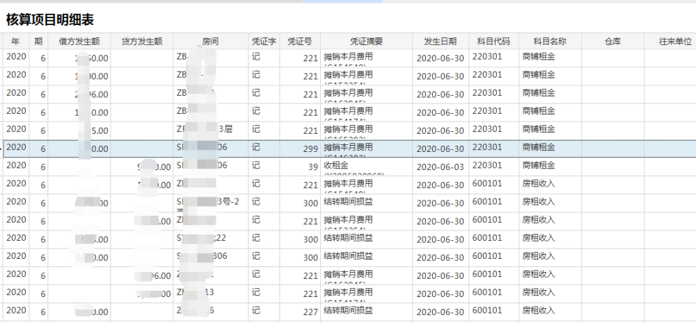 物业财务管理系统核算项目明细表