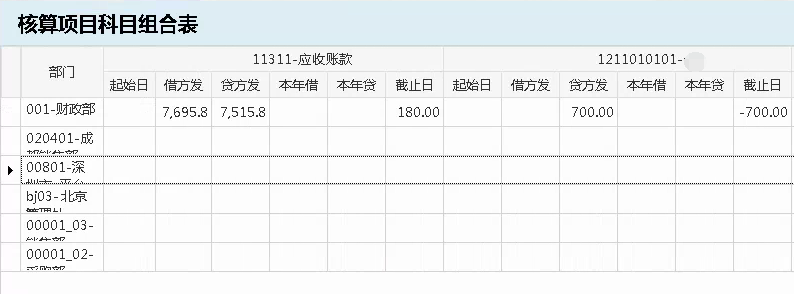 物业财务管理系统核算项目科目组合表