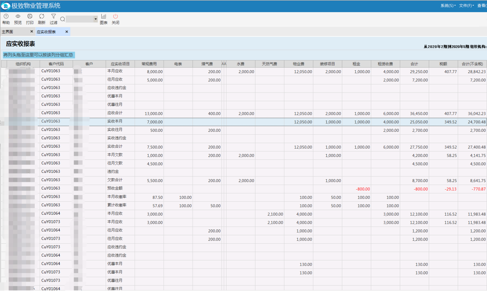 极致物业管理系统应实收报表