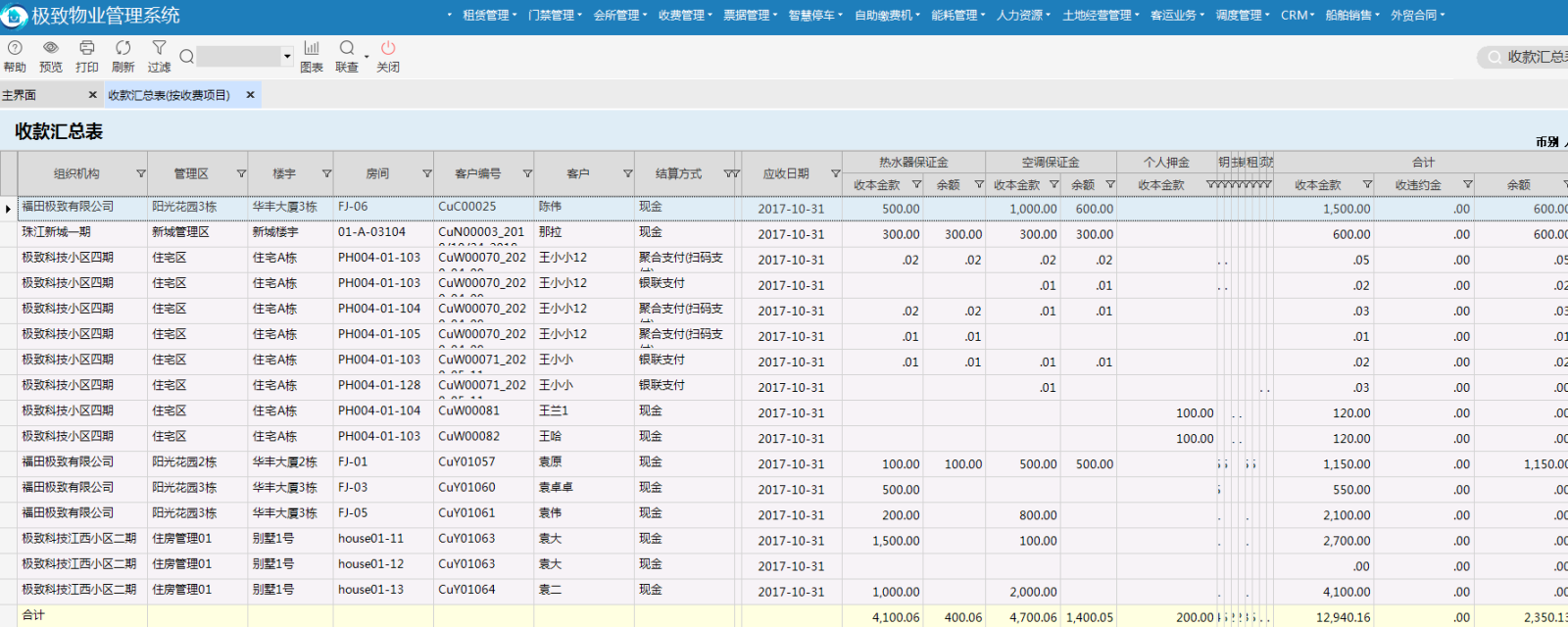 极致物业管理系统按收费项目查询展示